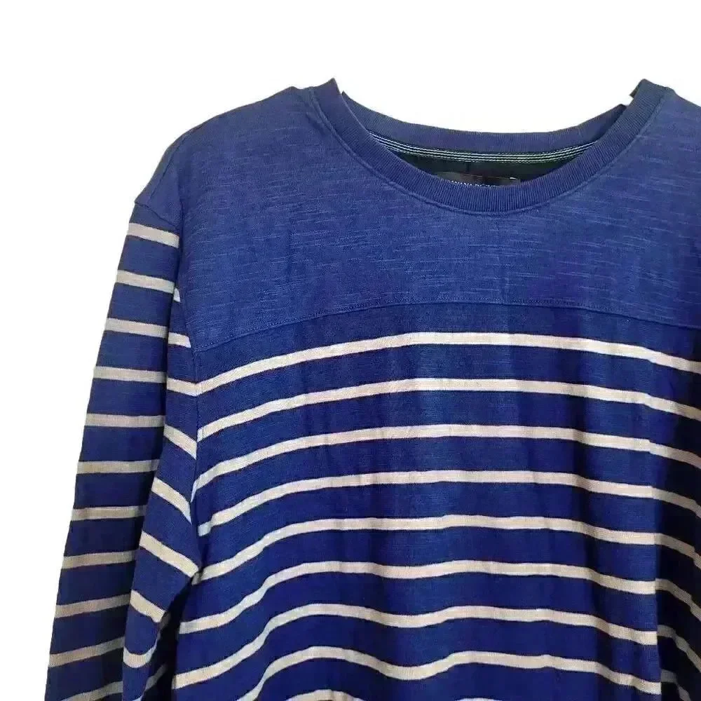 Banana Republic Men's Blue & Gray Cotton Striped Crewneck Long Sleeve T-Shirt